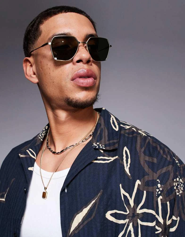 Shop Quay world tour hexagonal metal sunglasses in gold with  display picture 3