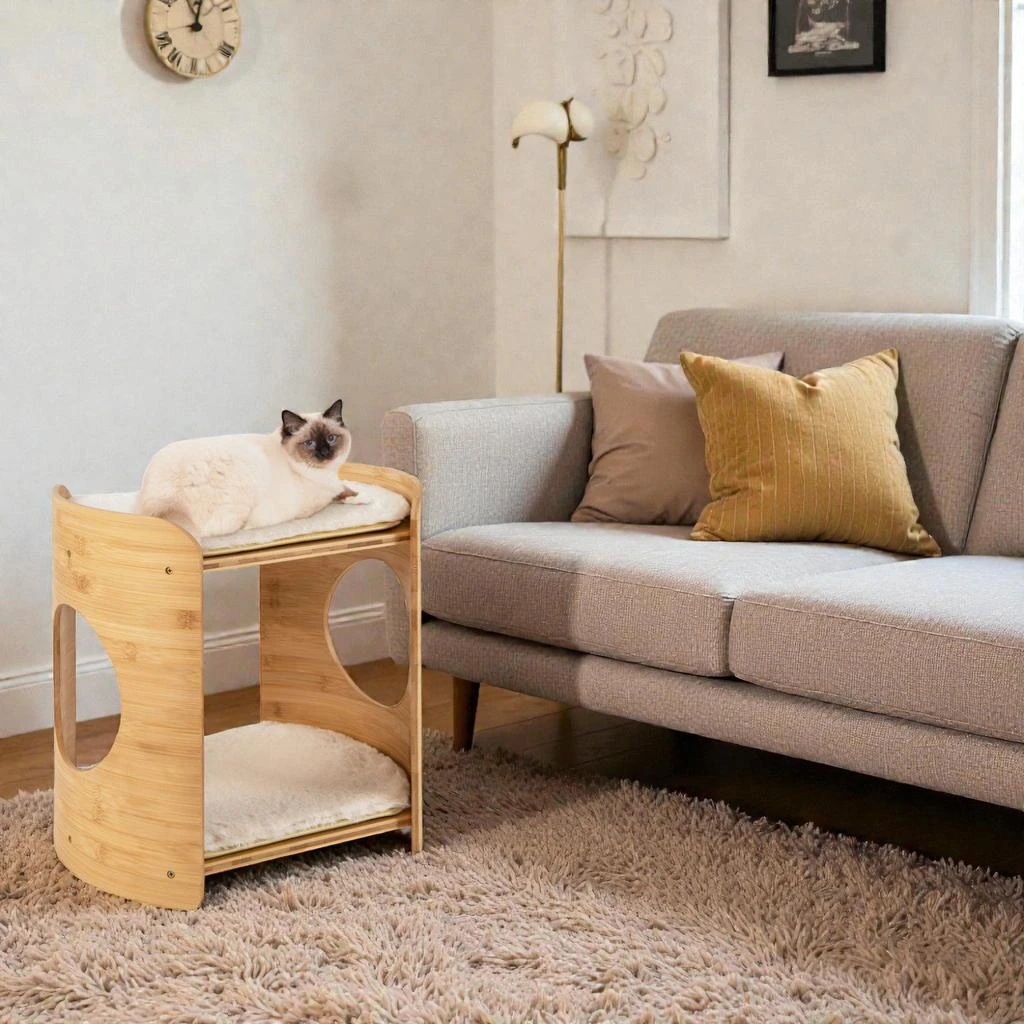 Hivvago 2-Level Compact Indoor Cat Tower with Natural Bamboo Frame