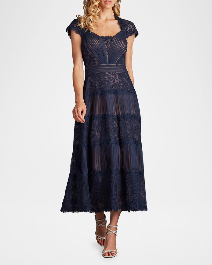 Tadashi Shoji Pleated Mesh & Textured Lace Midi Dress - Dresses