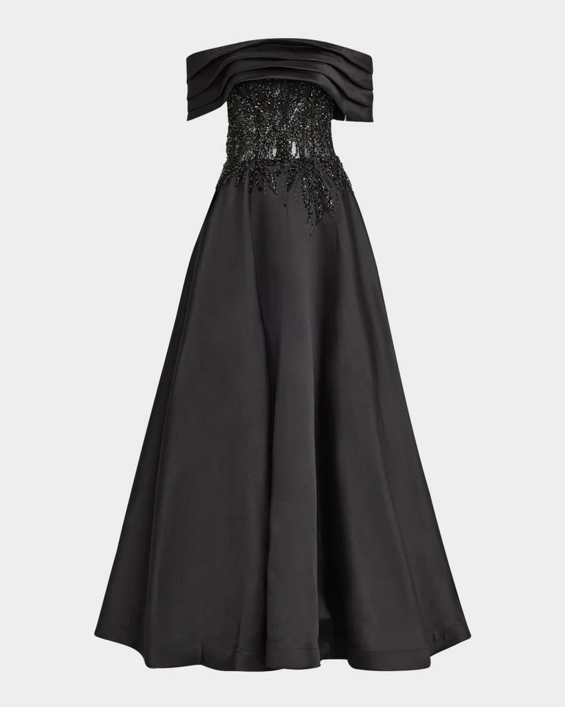 Jovani Pleated Off-Shoulder Lace-Embellished Gown 1