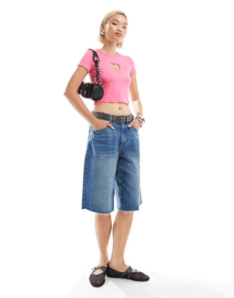 Monki Monki short sleeve cut out heart mini top in pink 2