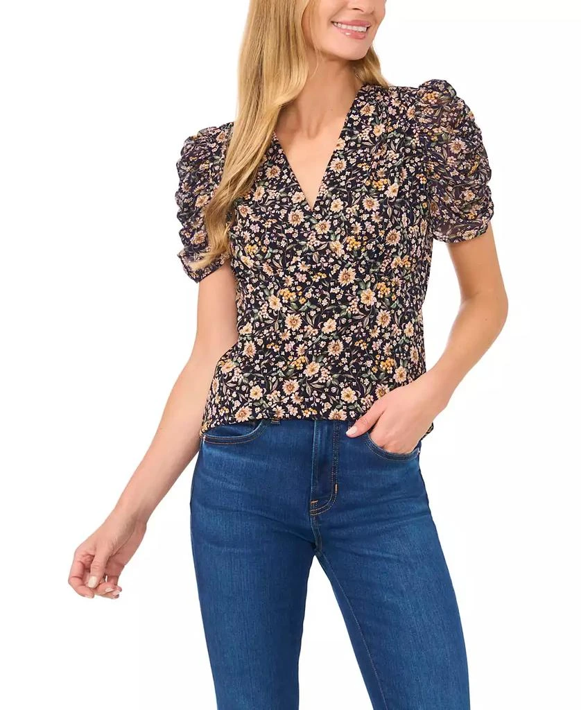 Shop Women's Floral V-Neck Short Puff Sleeve Top on Sale at