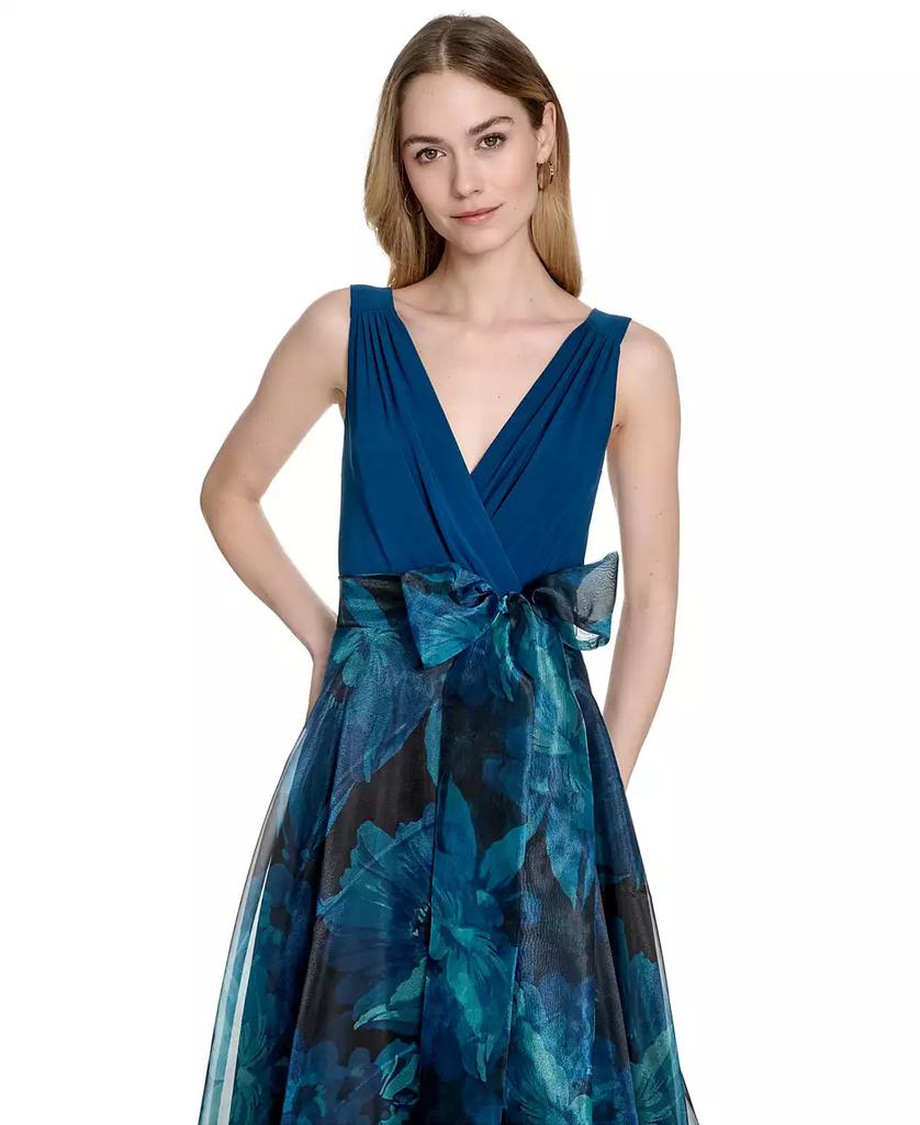 Eliza J Petites Surplice Printed-Skirt Sleeveless Gown