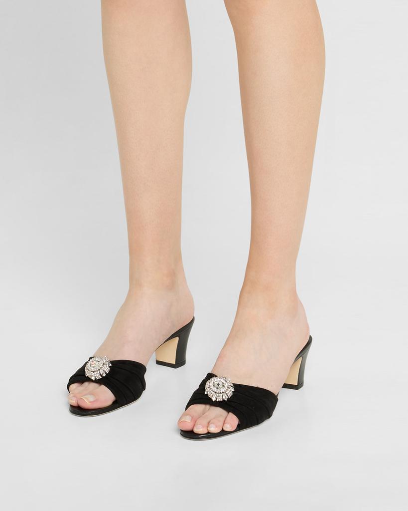 Manolo Blahnik Ruched Suede Crystal Slide Sandals