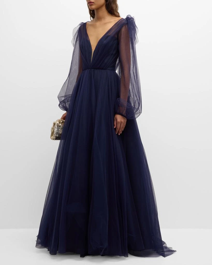 Romona Keveza Plunging Ruffle Long-Sleeve Tulle Gown 3