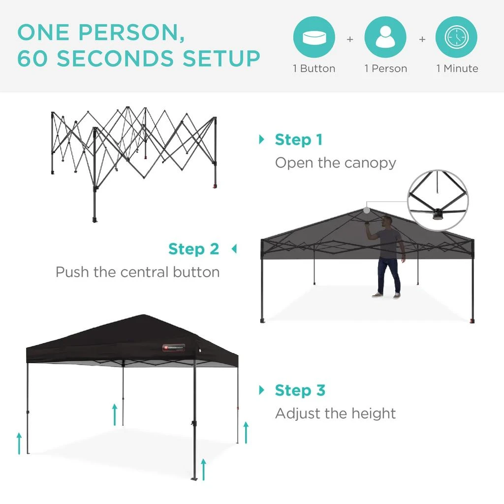 Best Choice Products 12x12ft Easy Setup Pop Up Canopy w/ 1-Button Setup, Wheeled Case, 4 Weight Bags 2