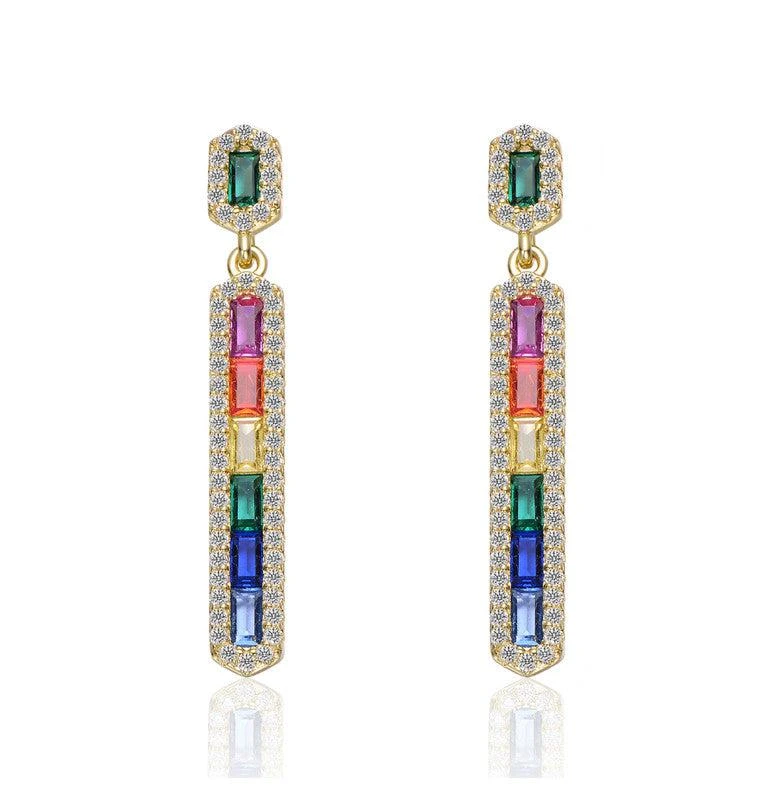 Genevive Sterling Silver 14k Gold Plated Rainbow 
White Cubic Zirconia Linear Dangle Earrings 2