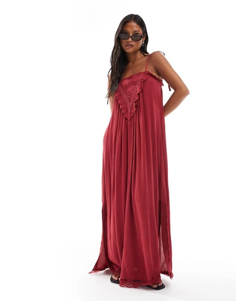 Miss Selfridge Miss Selfridge Petite lace detail maxi slip dress in red 3