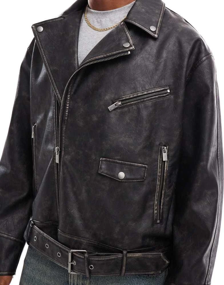 Bershka Bershka faux leather washed biker jacket in black 3