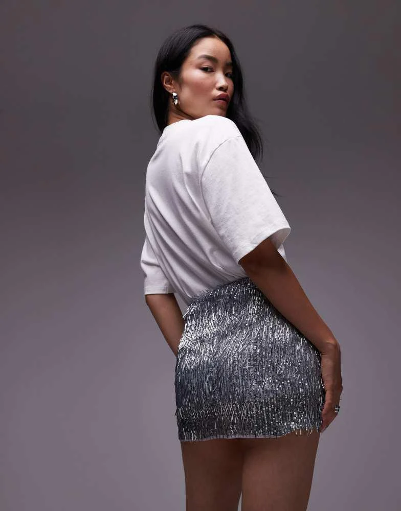 Topshop Topshop needle embellished mini skirt in silver 5