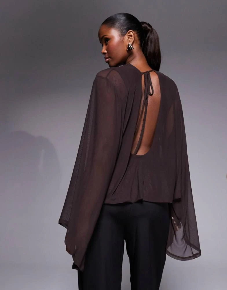 ASOS ASOS DESIGN cowl drape blouson mesh top in chocolate 4