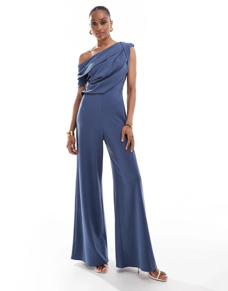 ASOS ASOS DESIGN Tall fallen shoulder tuck detail wide leg jumpsuit in blue 2