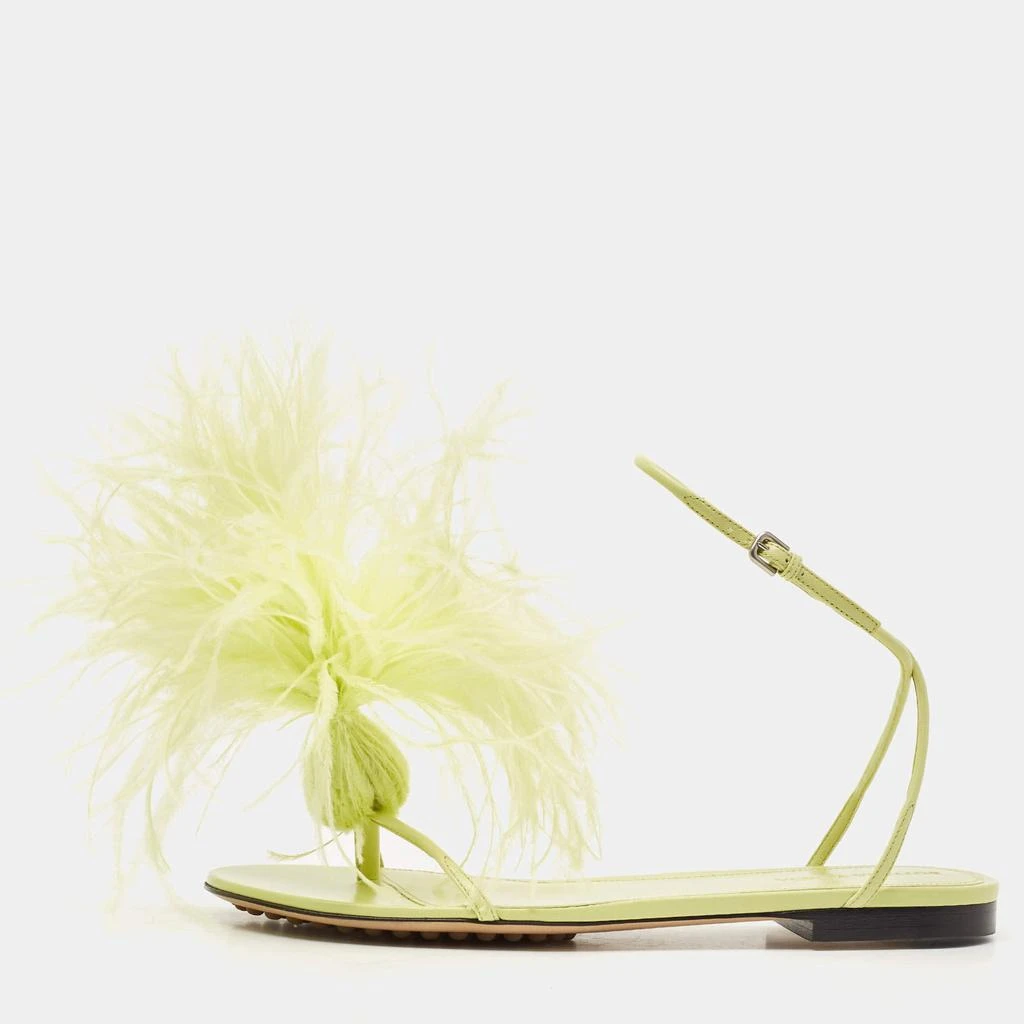 Bottega Veneta Bottega Veneta Green Feather and Leather Flat Slides Size 38 1
