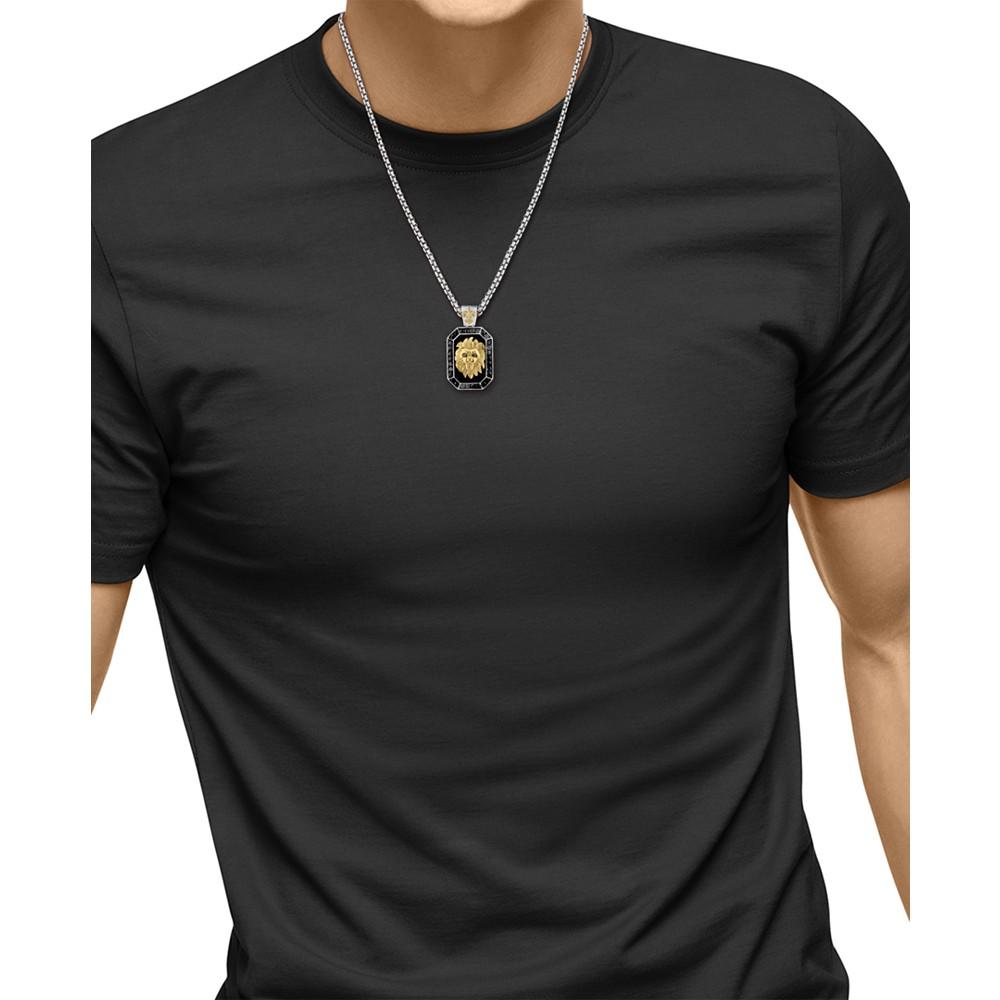 EFFY Collection EFFY® Men's Onyx & Black Spinel (1-1/5 ct. t.w.) Lion Dog Tag 22" Pendant Necklace in Sterling Silver & 14k Gold-Plate