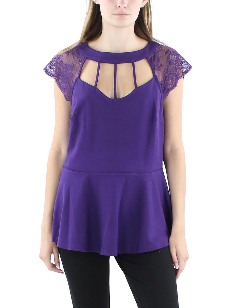 City Chic Plus Womens Ladder Stitch Lace Sleeve Peplum Top