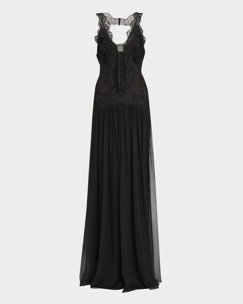 Alberta Ferretti Lace Drop-Waist Organic Chiffon Backless Gown