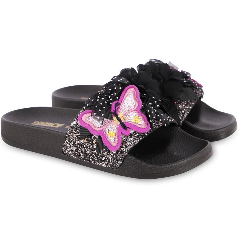 COLORS OF CALIFORNIA Appliqued flowers and butterfly glittery slides in black