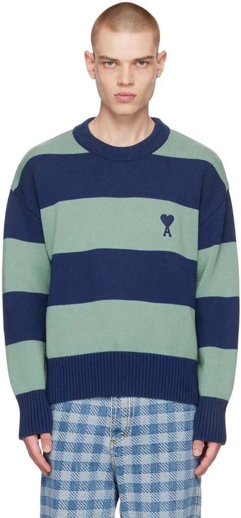 AMI SSENSE Exclusive Navy & Green Ami de Cœur Sweater 1