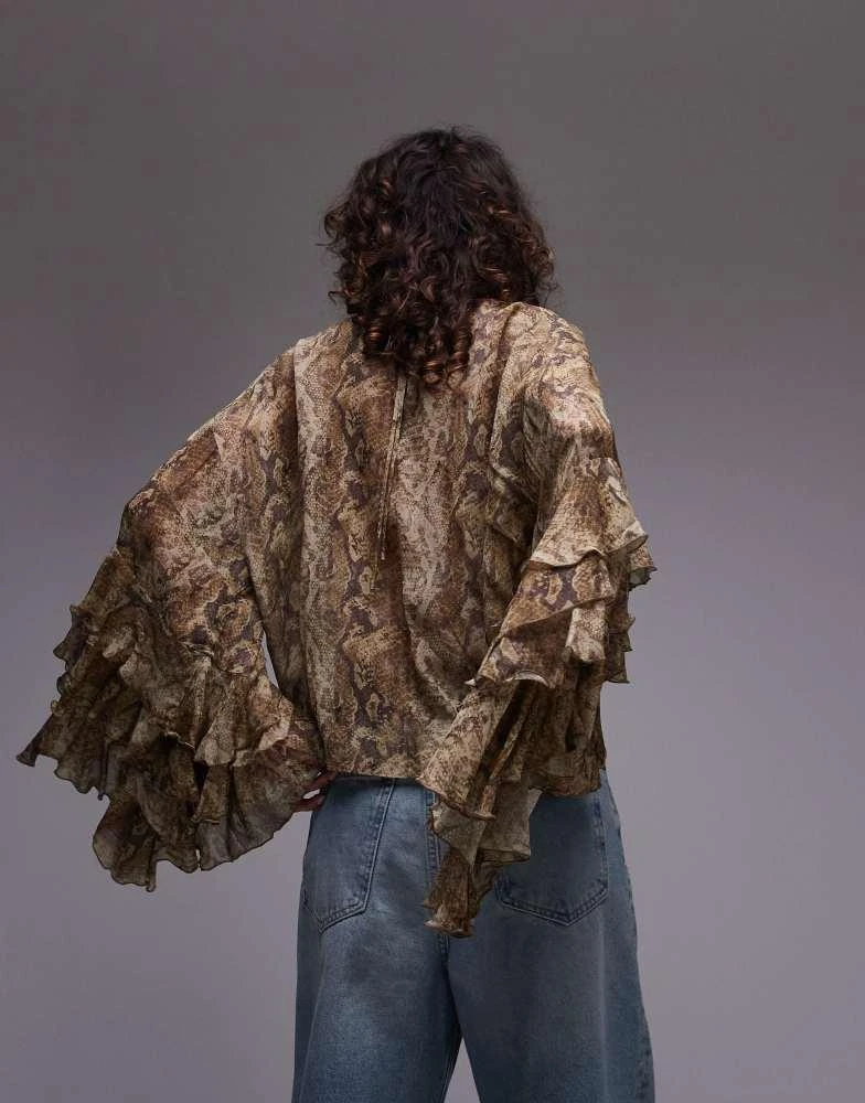 Mango Mango snake print ruffle sleeve blouse in brown 3
