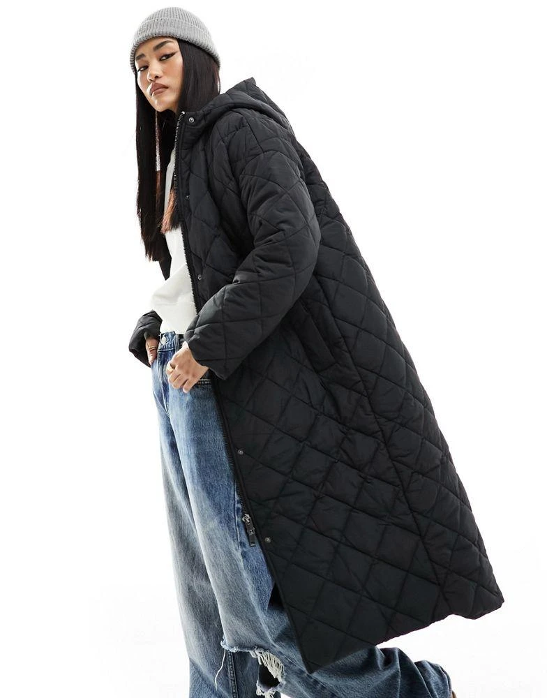 Monki Monki long quilted coat in black 1