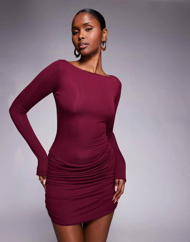 Modal Boat-Neck Draped Long-Sleeve Mini Dress in Wine - XS | Oh Polly Modal Boat-Neck Draped Long-Sleeve Mini Dress in Wine - XS | Oh Polly