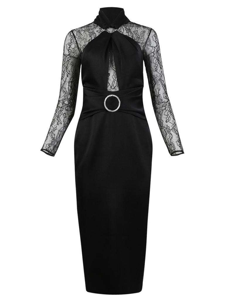 RASARIO Draped Satin Lace Midi Dress With Buckle And Ring