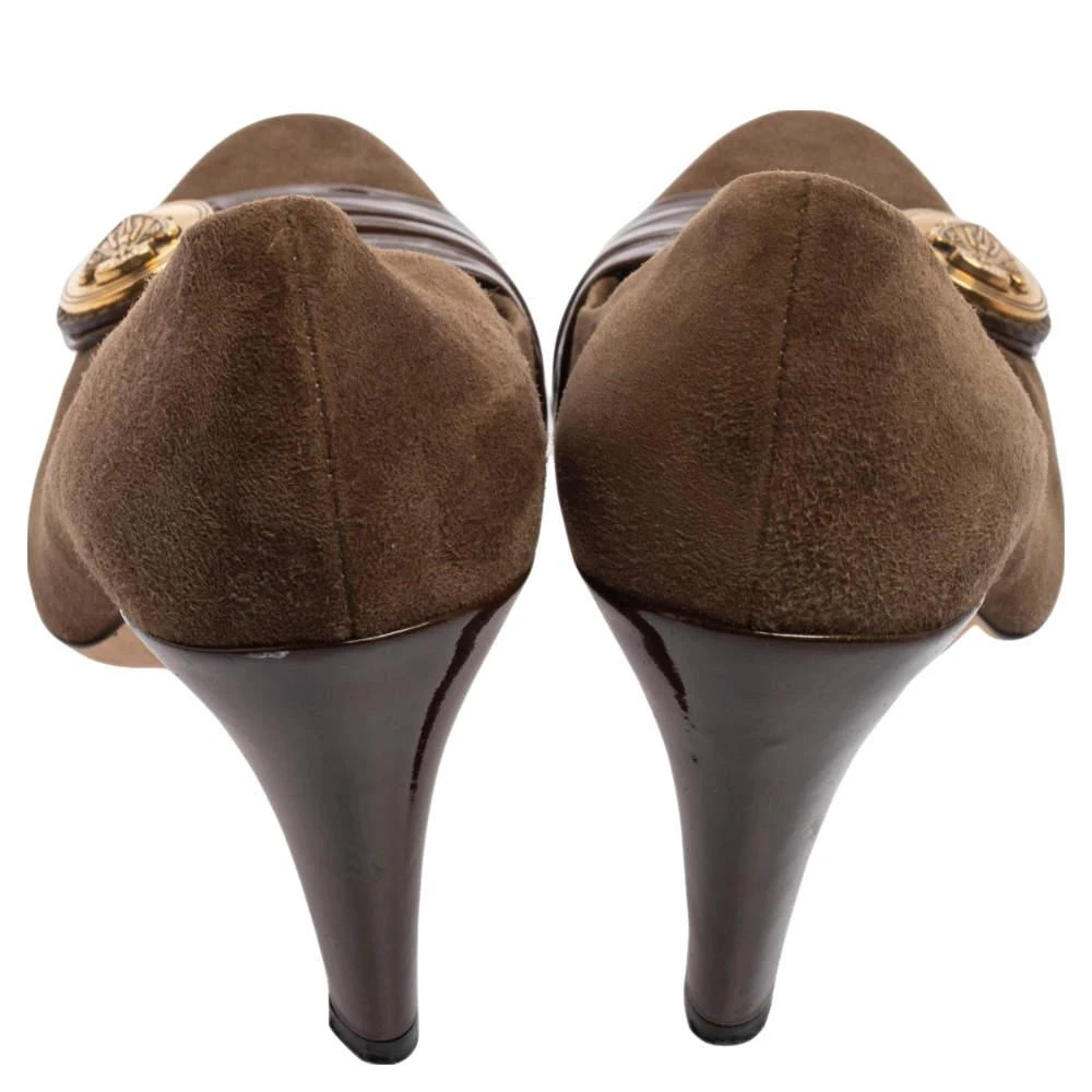 Gucci Gucci Brown Suede And Pleated Patent Leather Logo Buckle Pumps Size 38.5 5