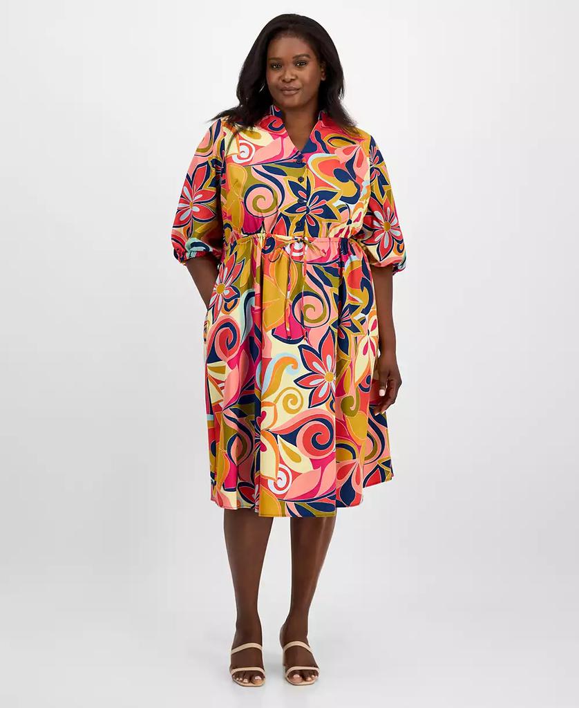 Sandra Darren Plus Size Printed Drawstring-Waist Shirtdress