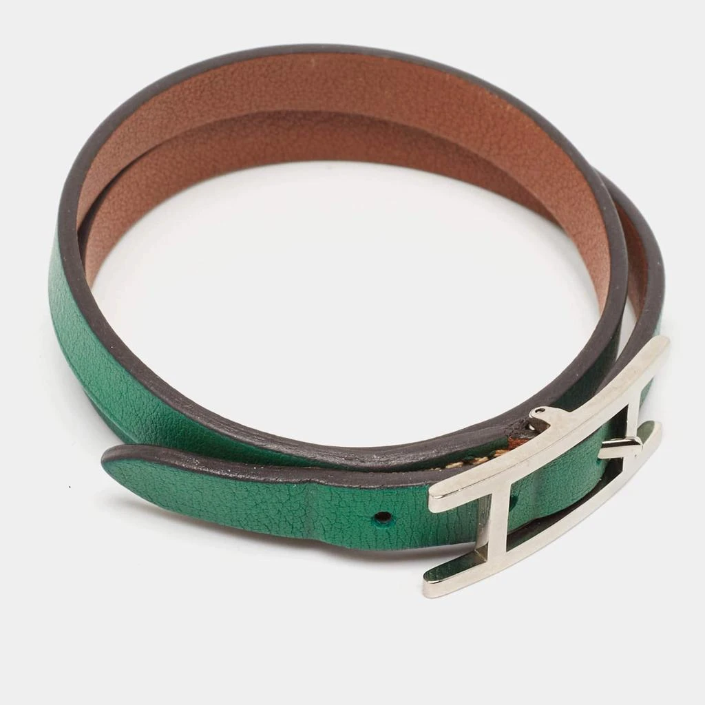 Hermes Hermes Behapi Green Leather Palladium Plated Tone Double Tour Bracelet 2