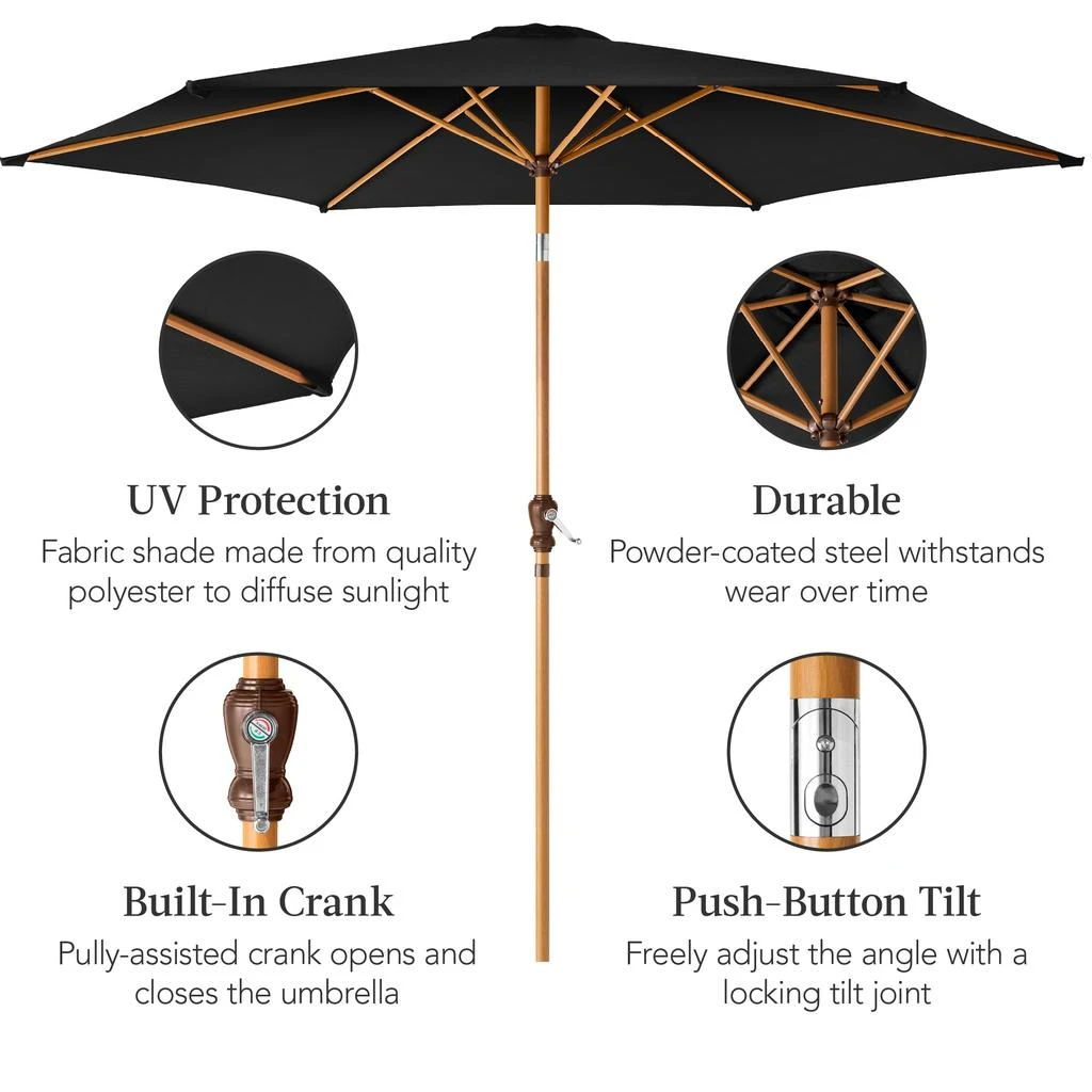 Best Choice Products 10ft Outdoor Woodgrain Pattern Steel Market Patio Umbrella w/ Crank, Tilt - Black 6
