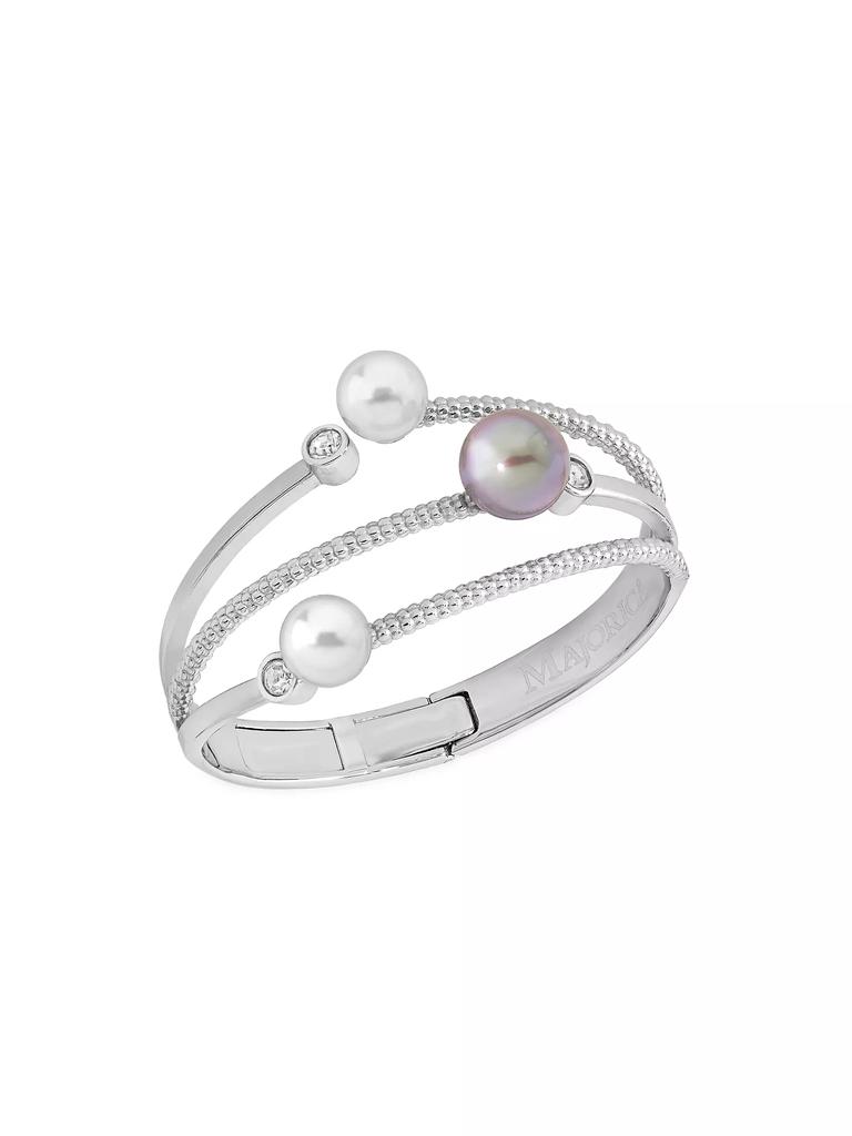 Majorica Planet Rhodium-Plated Silver, Cubic Zirconia, White & Gray Pearl Bangle