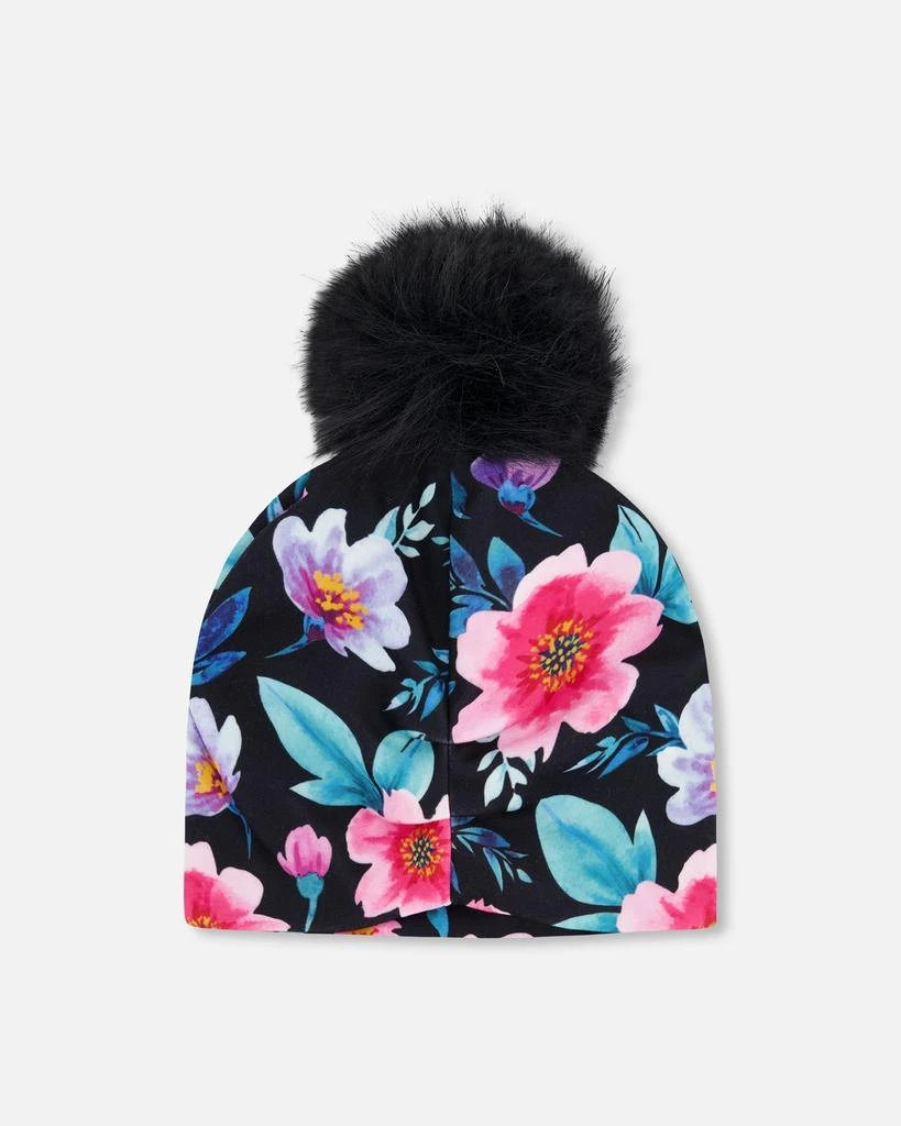 Deux par Deux Stretch Jersey Hat Black Printed Flowers with Pompom 3