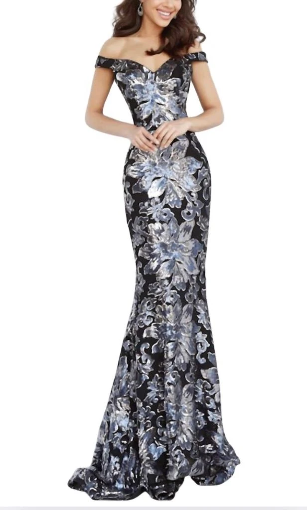 Jovani Jovani - Floral sequin off the shoulder gown 1