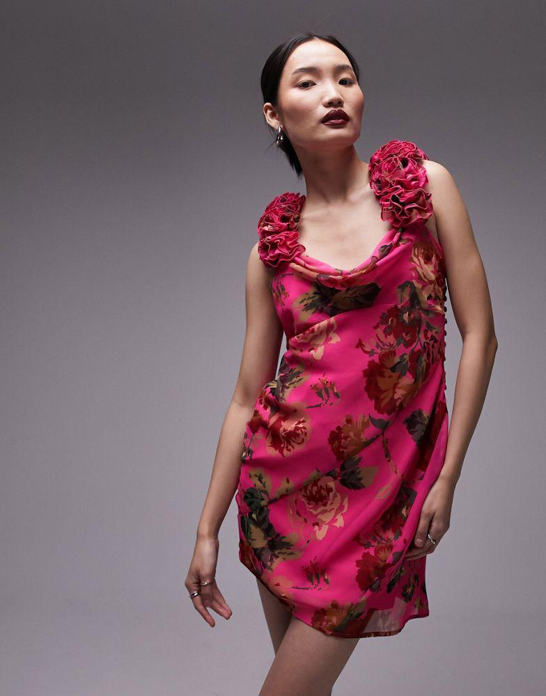 Topshop Topshop cowl neck slip mini dress with 3D ruffle sleeve in pink floral print