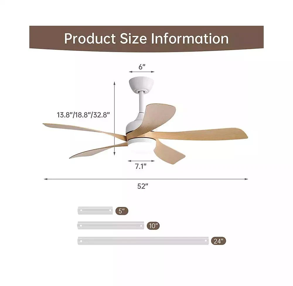 Sofucor 52-inch Minimalist White 5-Blade Flush Mount with Remote Control and Led Light 5