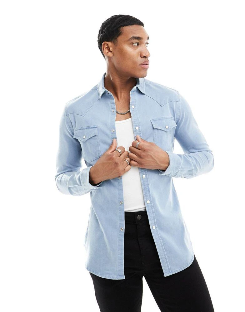ASOS ASOS DESIGN skinny fit western denim shirt in light wash blue 1