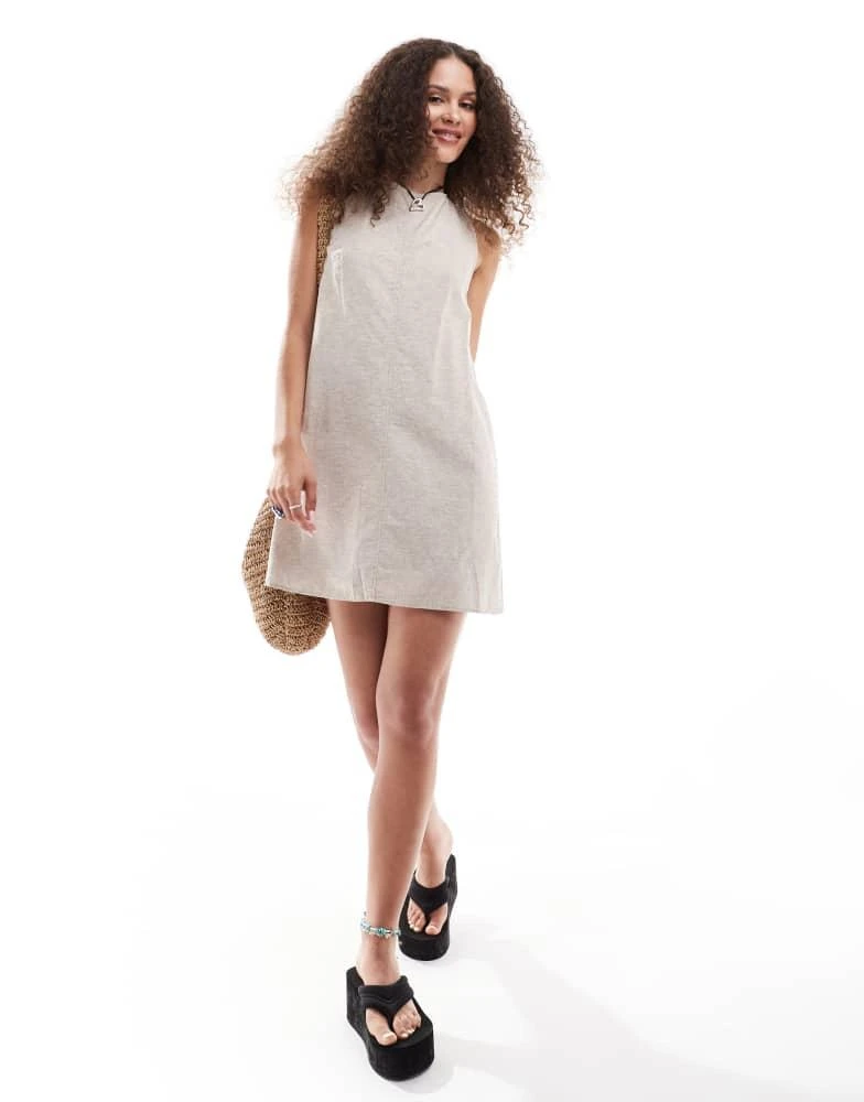 Monki Monki linen mini dress with open back and tie up detail in beige 3