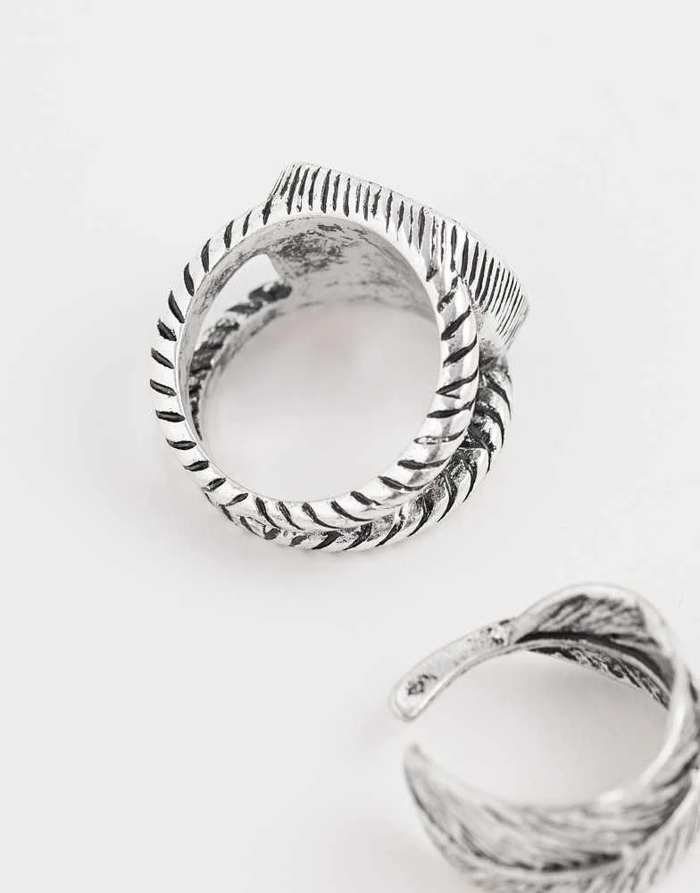 Reclaimed Vintage Reclaimed Vintage unisex 2 pack feather wrap around ring in burnished silver 3
