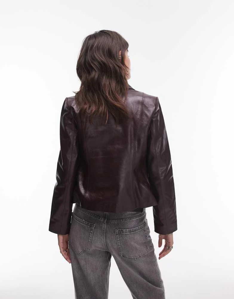 Mango Mango leather blazer in dark red 4