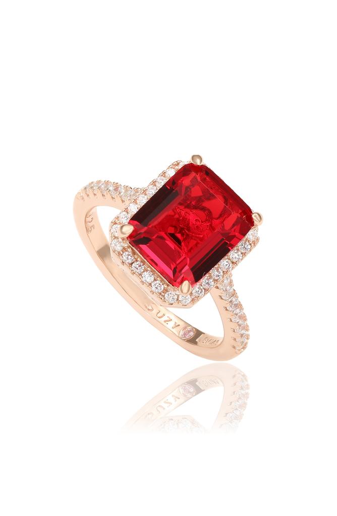 Suzy Levian 14K Rose Gold Plated Sterling Silver Red & White Cubic Zirconia Halo Bridal Ring