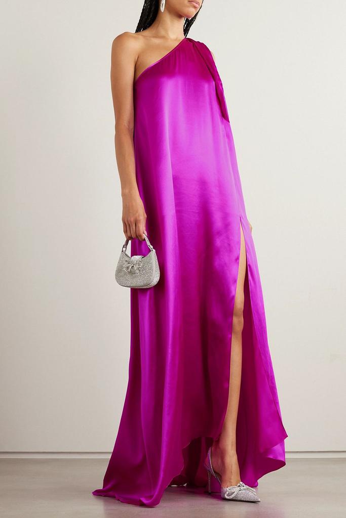 Halpern One-shoulder bow-detailed silk-satin gown