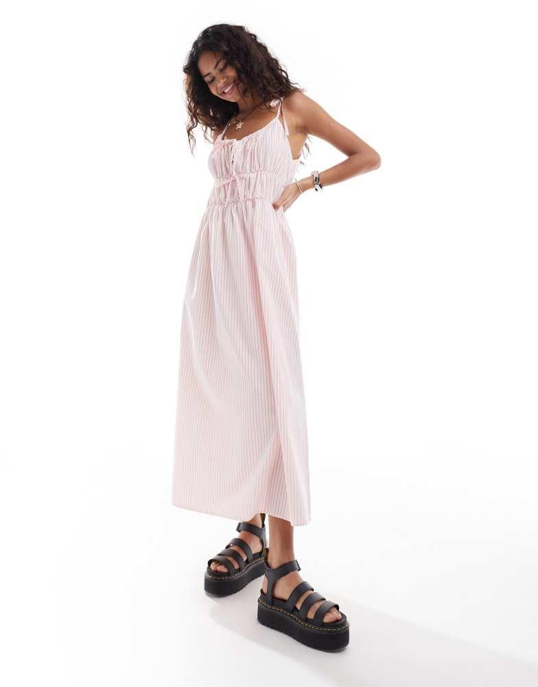 Reclaimed Vintage Reclaimed Vintage tie front maxi summer dress in pink stripe