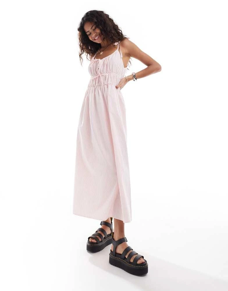 Reclaimed Vintage Reclaimed Vintage tie front maxi summer dress in pink stripe 1
