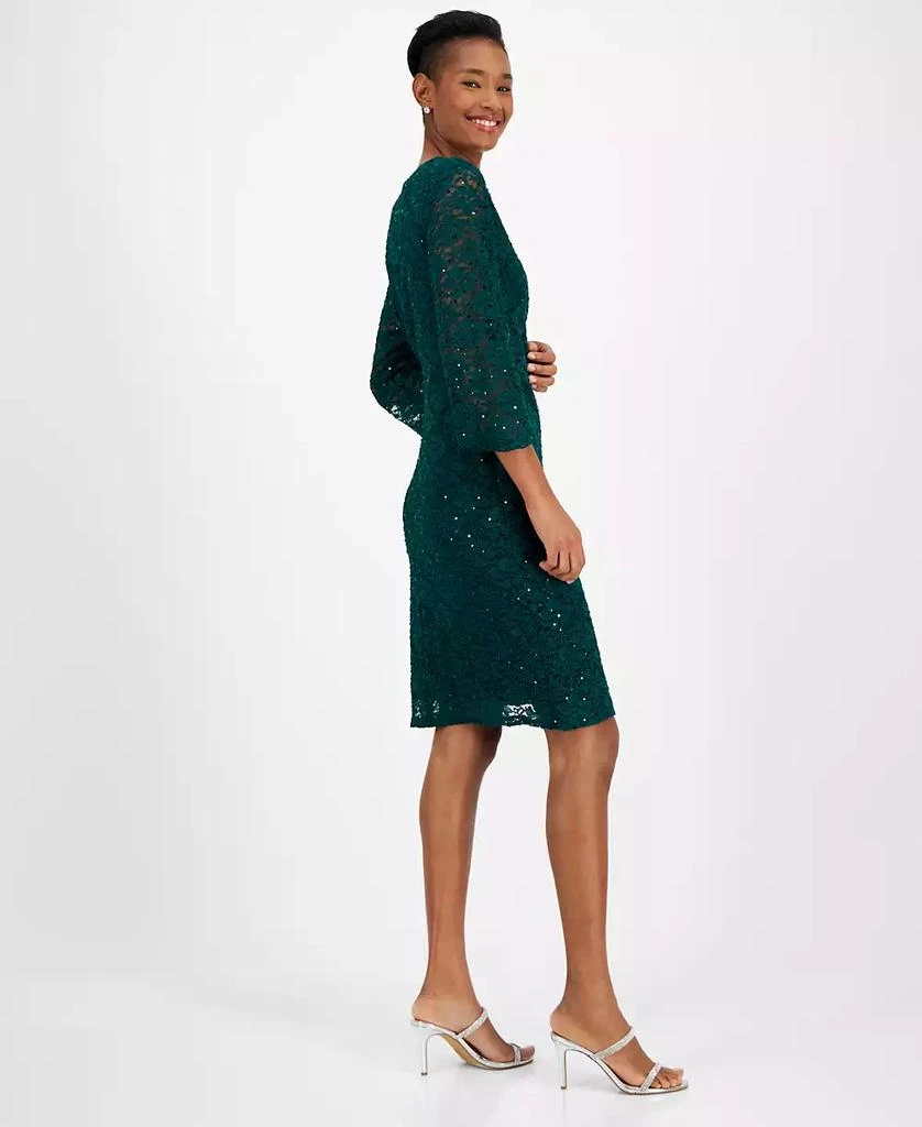 Connected Women's Sequin-Lace 3/4-Sleeve Faux-Wrap Dress 3