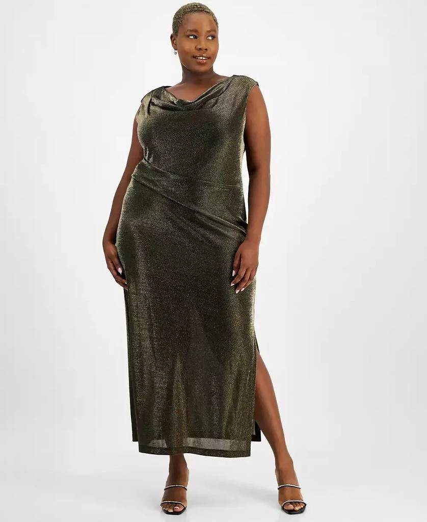 Connected Plus Size Metallic-Finish Draped Evening Gown 1