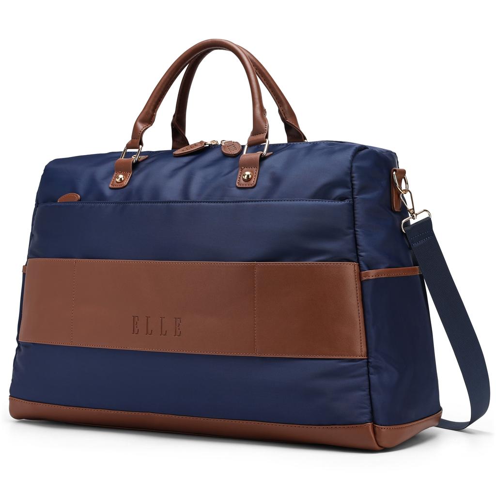 ELLE Luxe Journey 30L Twill and Vegan Leather Weekender Duffel Bag | Navy