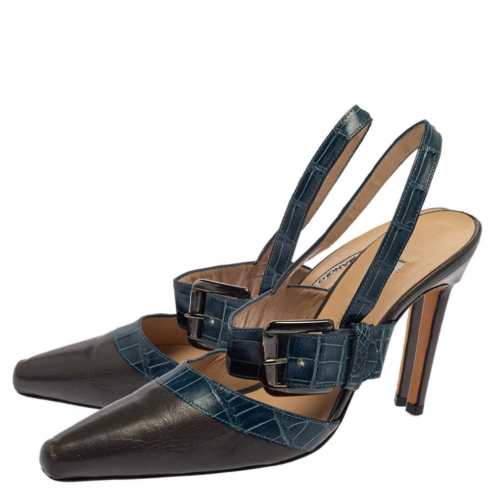 Manolo Blahnik Manolo Blahnik Grey/Blue Croc Embossed And Leather Slingback Sandals Size 37 4