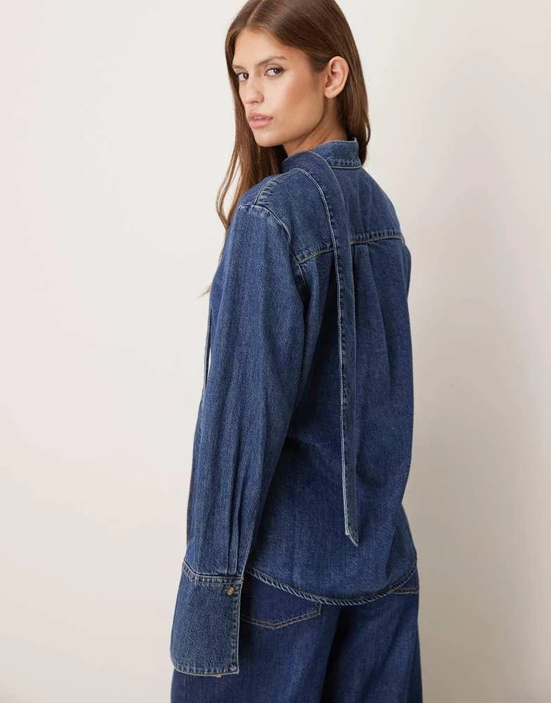 Mango Msngo 100% cotton denim shirt with tie neck in blue 4