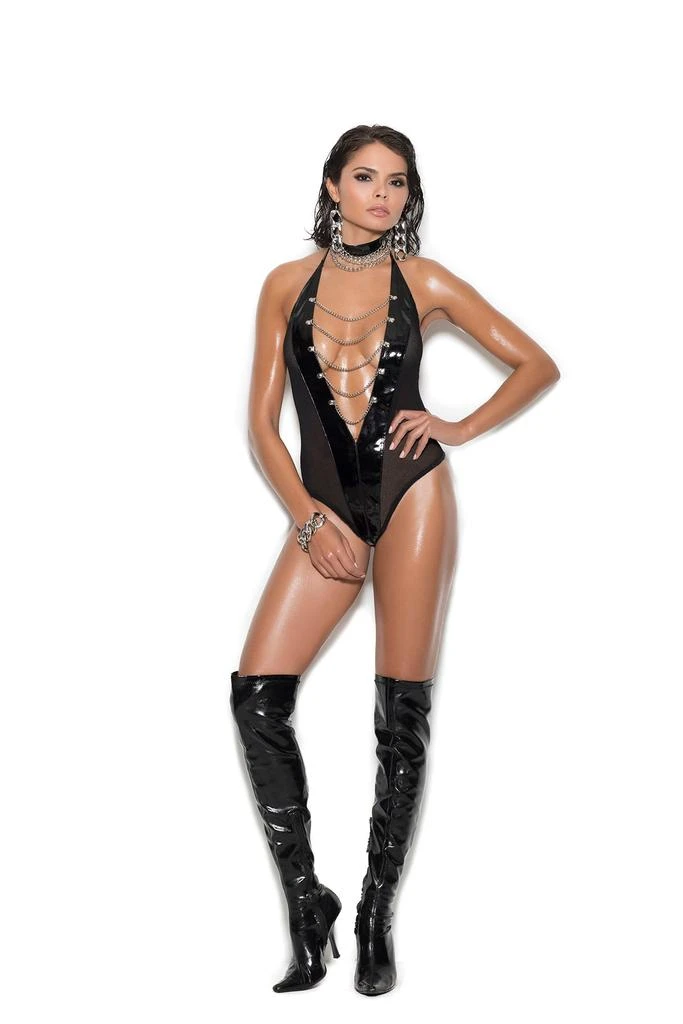 Elegant Moments Vinyl and fishnet halter neck teddy with front chain detail.