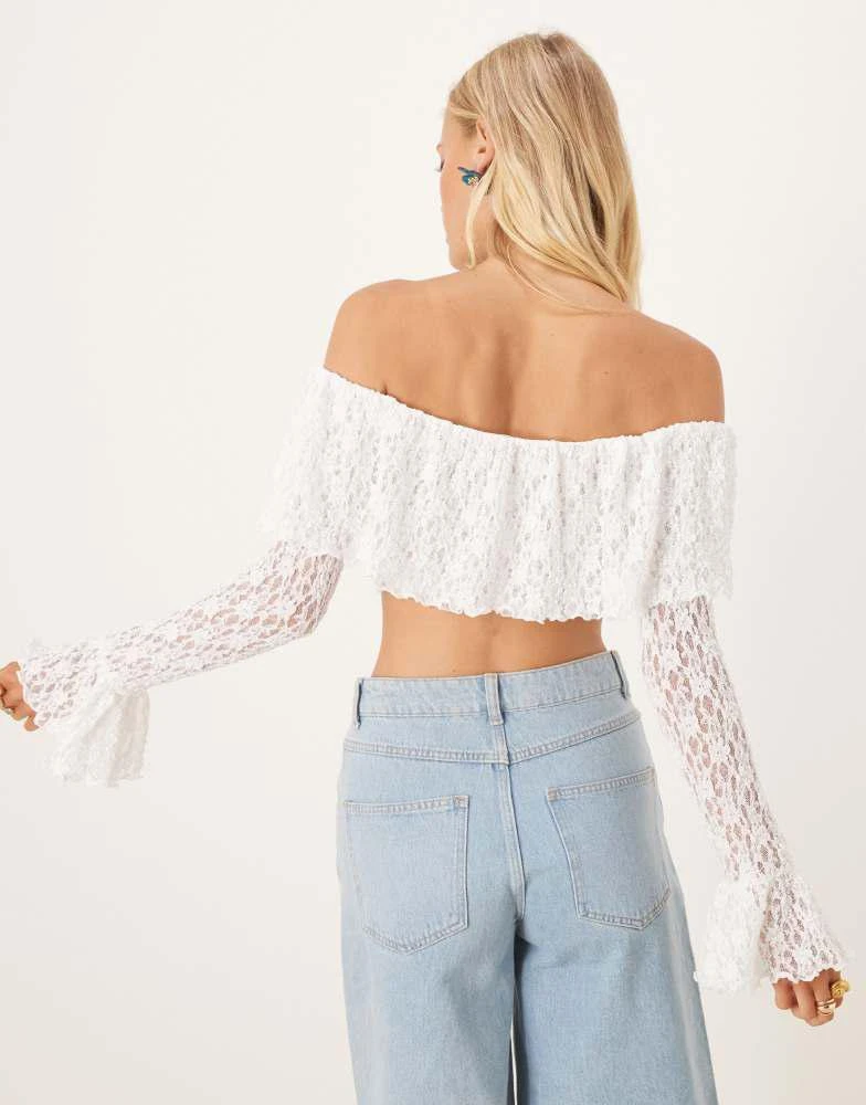 ASOS ASOS DESIGN bardot long sleeve lace crop top with ruffle details in ivory 4